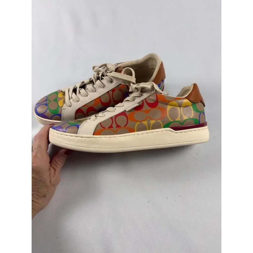Coach Low Top Sneakers Rainbow Signature C Monogram‎ Khaki Multi Leather Trim